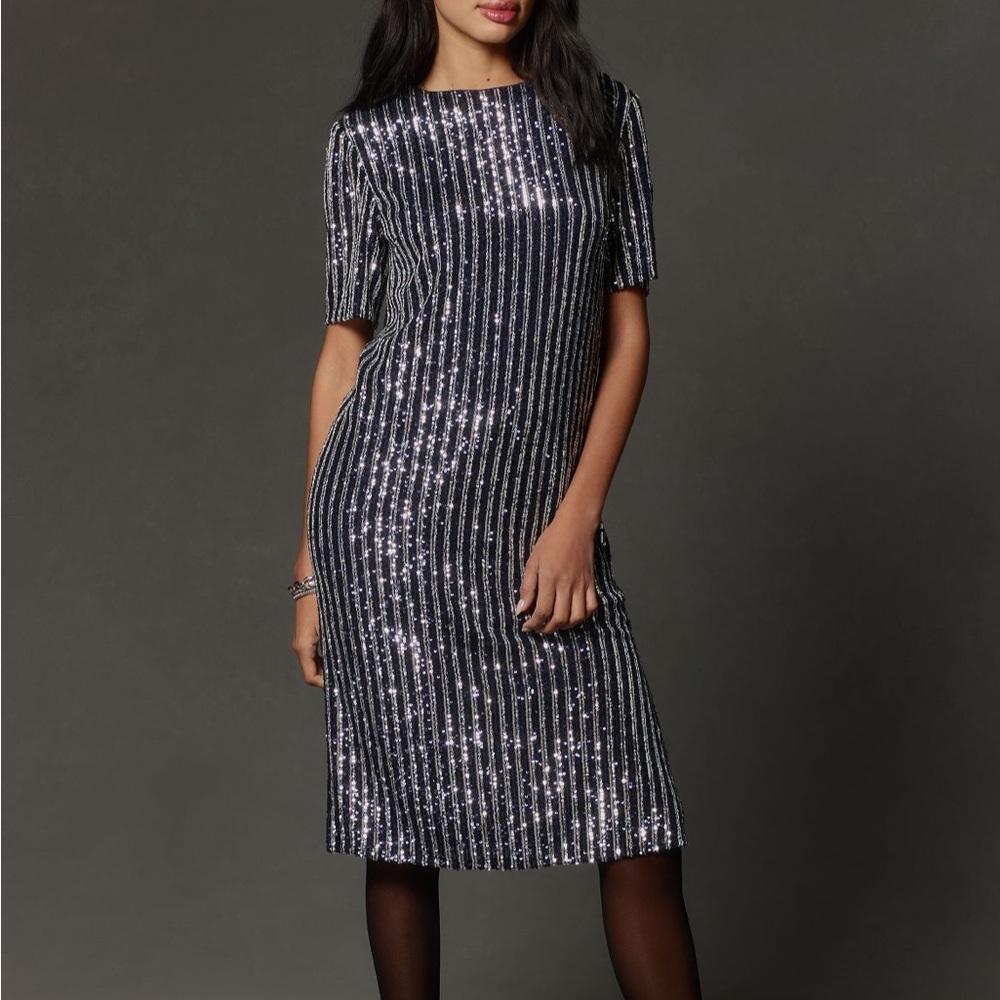 Anthropologie Flat White Short Sleeve Sequin Stripe Midi Dress NWT XXS